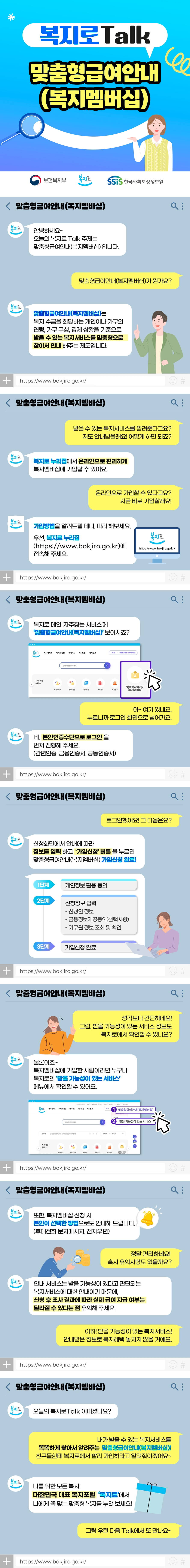 복지로Talk 맞춤형급여안내(복지멤버십) 보건복지부 복지로 SSiS한국사회보장정보원 맞춤형급여안내 (복지멤버십) 안녕하세요~ 오늘의 복지로Talk 주제는 맞춤형급여안내(복지멤버십) 입니다. 맞춤형급여안내(복지멤버십)가 뭔가요? 맞춤형급여안내(복지멤버십)는 복지 수급을 희망하는 개인이나 가구의 연령, 가구 구성, 경제 상황을 기준으로 받을 수 있는 복지서비스를 맞춤형으로 찾아서 안내해주는 제도입니다. 받을 수 있는 복지서비스를 알려준다고요? 저도 안내받을래요! 어떻게 하면 되죠? 복지로 누리집에서 온라인으로 편리하게 복지멤버십에 가입할 수 있어요. 온라인으로 가입할 수 있다고요? 지금 바로 가입할래요! 가입방법을 알려드릴 테니, 따라 해보세요. 우선, 복지로 누리집 (https://www.bokjiro.go.kr)에 접속해 주세요. 복지로 메인 ‘자주찾는 서비스’에 ‘맞춤형급여안내(복지멤버십)’ 보이시죠? 아~ 여기 있네요. 누르니까 로그인 화면으로 넘어가요. 네. 본인인증수단으로 로그인을 먼저 진행해 주세요. (간편인증, 금융인증서, 공동인증서) 로그인했어요! 그 다음은요? 신청화면에서 안내에 따라 정보를 입력하고 ‘가입신청’ 버튼을 누르면 맞춤형급여안내(복지멤버십) 가입신청 완료! (1단계) 개인정보 활용 동의 (2단계) 신청정보 입력 - 신청인 정보 - 금융정보제공동의(선택사항) - 가구원 정보 조회 및 확인 (3단계) 가입신청 완료 생각보다 간단하네요! 그럼, 받을 가능성이 있는 서비스 정보도 복지로에서 확인할 수 있나요? 물론이죠~ 복지멤버십에 가입한 사람이라면 누구나 복지로의 ‘받을 가능성이 있는 서비스’ 메뉴에서 확인할 수 있어요. 또한, 복지멤버십 신청 시 본인이 선택한 방법으로도 안내해 드립니다. (휴대전화 문자메시지, 전자우편) 정말 편리하네요! 혹시 유의사항도 있을까요? 안내 서비스는 받을 가능성이 있다고 판단되는 복지서비스에 대한 안내이기 때문에, 신청 후 조사 결과에 따라 실제 급여 지급 여부는 달라질 수 있다는 점 유의해 주세요. 아하! 받을 가능성이 있는 복지서비스! 안내받은 정보로 복지혜택 놓치지 않을 거예요. 오늘의 복지로Talk 어떠셨나요? 내가 받을 수 있는 복지서비스를 똑똑하게 찾아서 알려주는 맞춤형급여안내(복지멤버십)! 친구들한테 복지로에서 빨리 가입하라고 알려줘야겠어요~ 나를 위한 모든 복지! 대한민국 대표 복지포털 ‘복지로’에서 나에게 꼭 맞는 맞춤형 복지를 누려 보세요! 그럼 우린 다음 Talk에서 또 만나요~